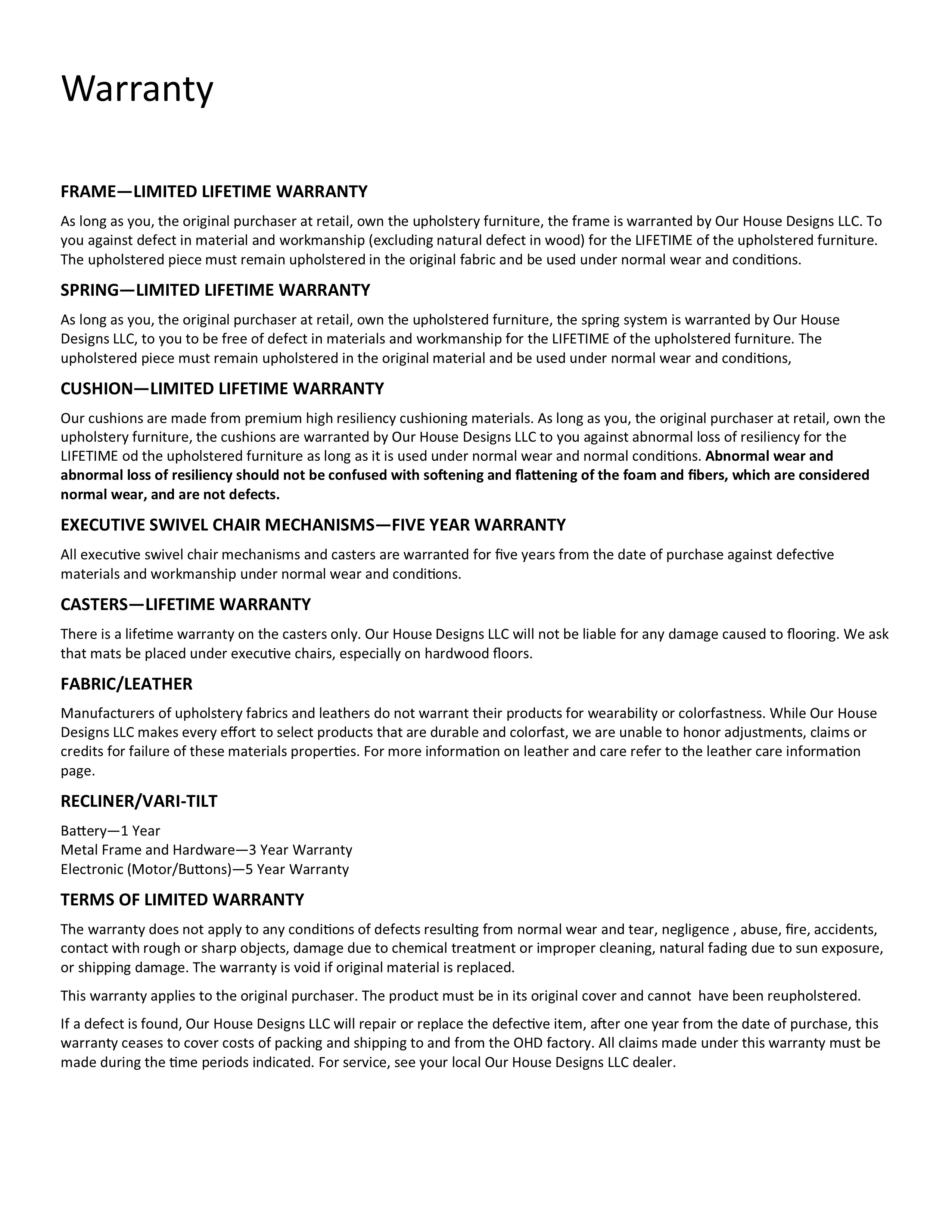 Warranty Our House Designs LLC